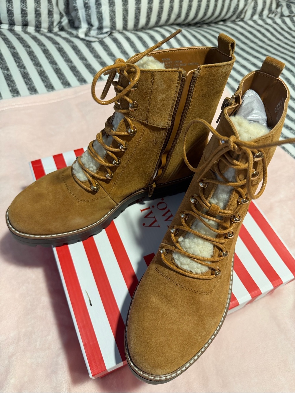 crown & ivy Tan Lace-Up Shearling Combat Boots